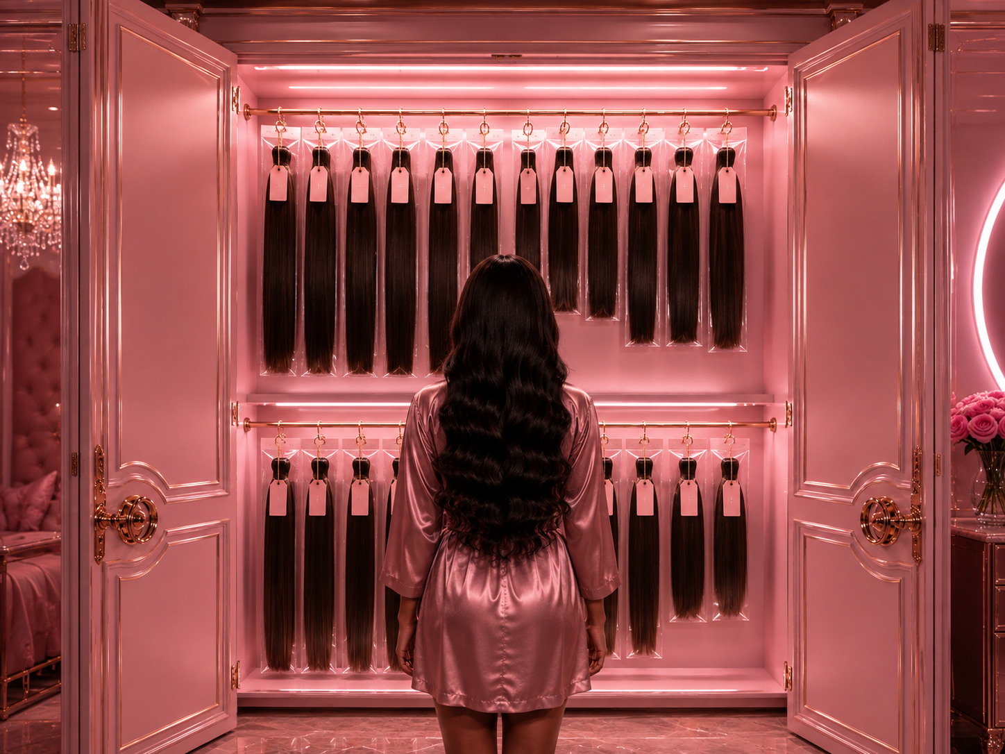 The Niyara Hair wardrobe — luxury bundles displayed in a pink walk-in closet